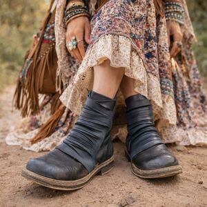 Maciejka Black Leather Combat Boots | Funky Ruched Ankle Booties EU Made